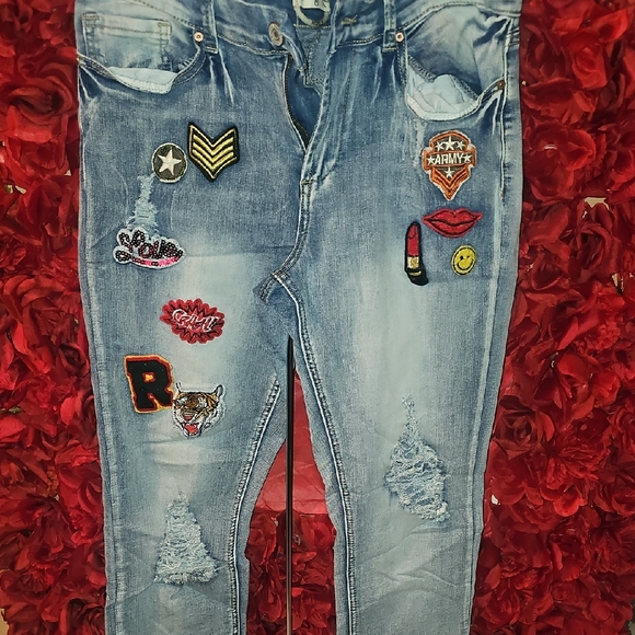 Indigo Rein Women's Blue Jeans with Colorful Patches Size 13 - Picture 1 of 14